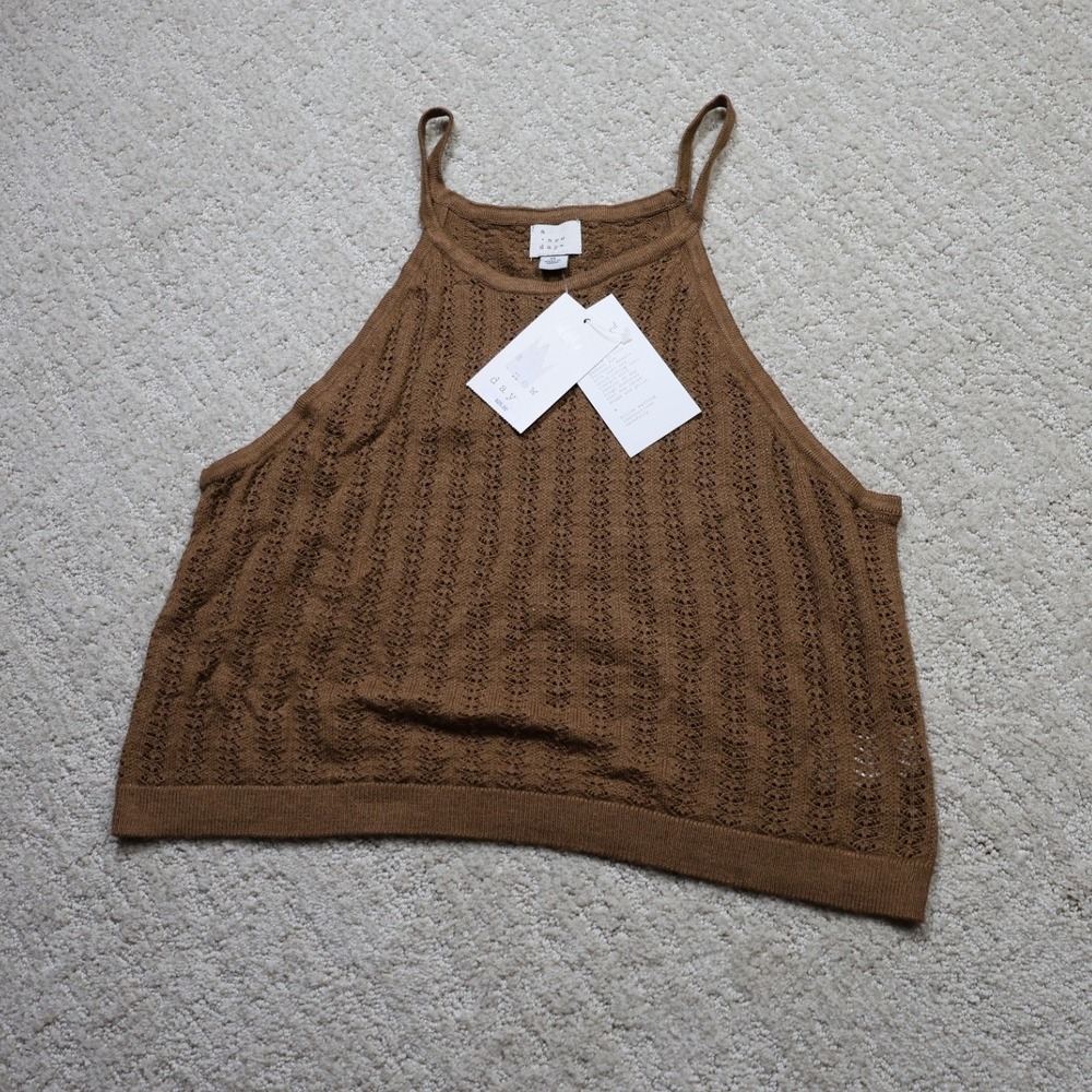A New Day Brown Pointelle Knit Halter Cami Tank Top Medium NWT